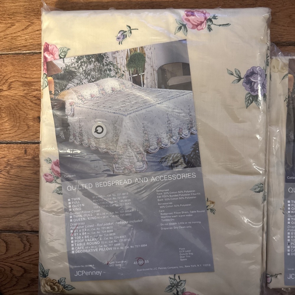 Vtg Floral Drapery Drape Panels (2) 81x84‎ & Poof Valance Yellow Blue Scalloped